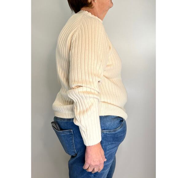 Vintage 90s Ribbed Knit Sweater Ivory Mock Neck Long Sleeve Sag Harbor Fisherman - Picture 4 of 6